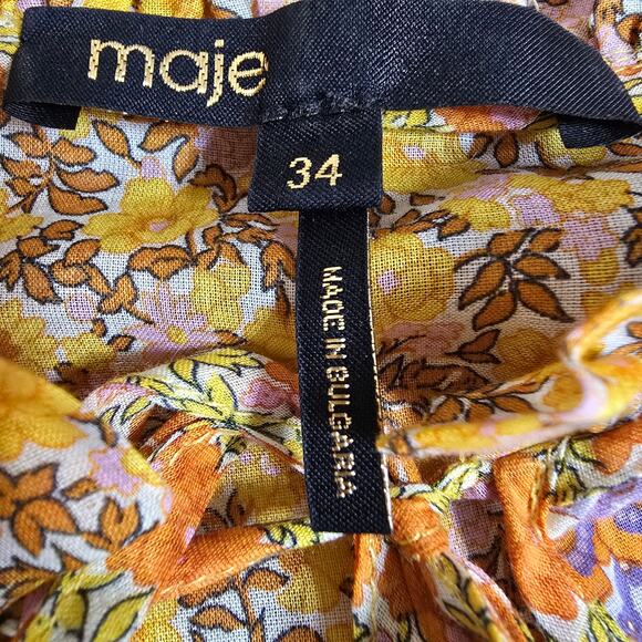 Maje Rissolette Smocked Floral Print Dress Yellow Orange EU34/XS - Picture 10 of 13